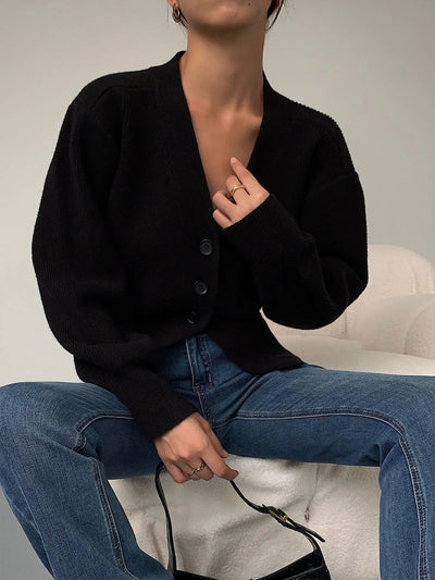 Women's V-Neck Button Cardigan - Relaxed Fit Long Sleeves