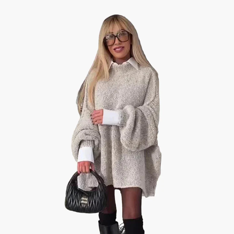 Dam Stickad Oversize Tröjklänning med Ballongärmar och Trendig Look