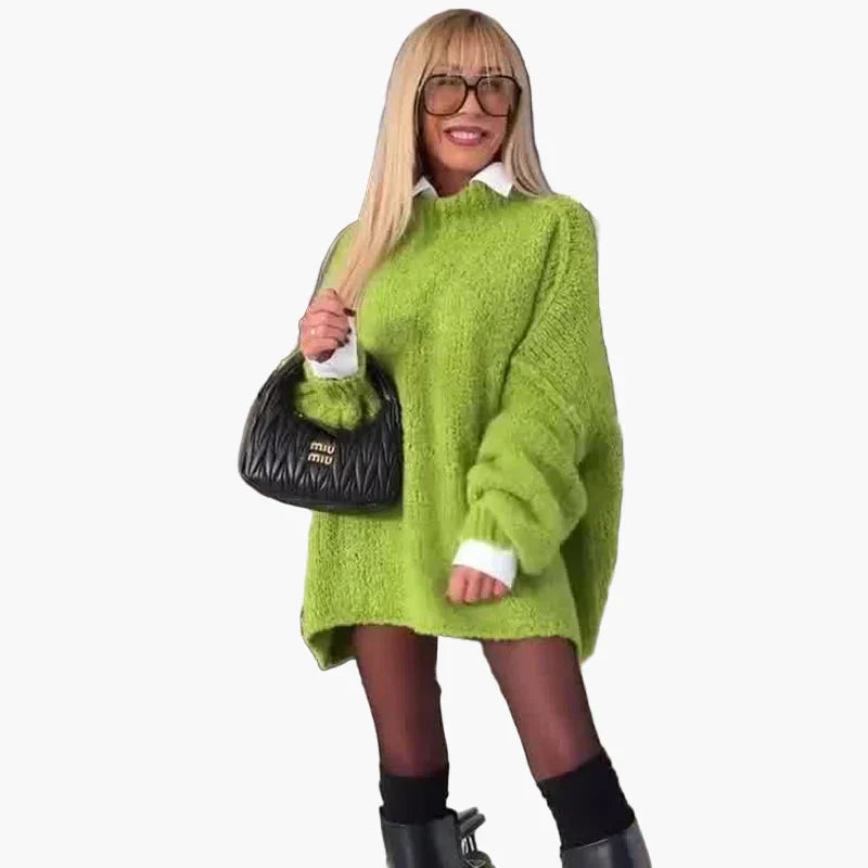 Dam Stickad Oversize Tröjklänning med Ballongärmar och Trendig Look