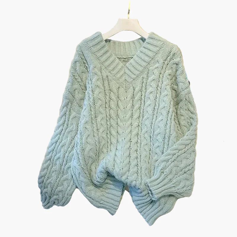 Damstickad V-ringad twisttröja – Avslappnad vinterstil för vardagsbruk