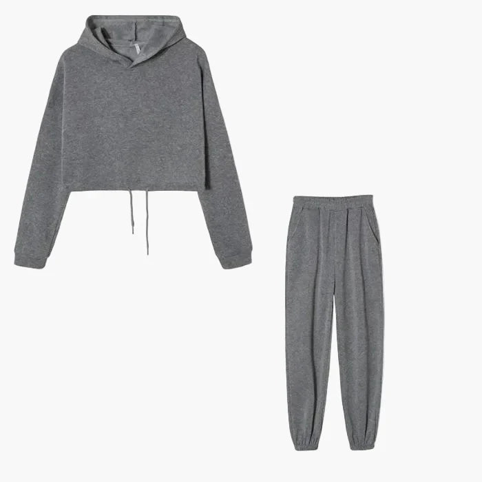 Dam Lounge-set med Kort Hoodie och Joggingbyxor – Trendig Vardagsstil och Mys
