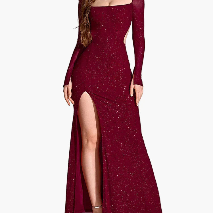 Damklänning med lång ärm och hög slits – Elegant fest- och kvällsklänning