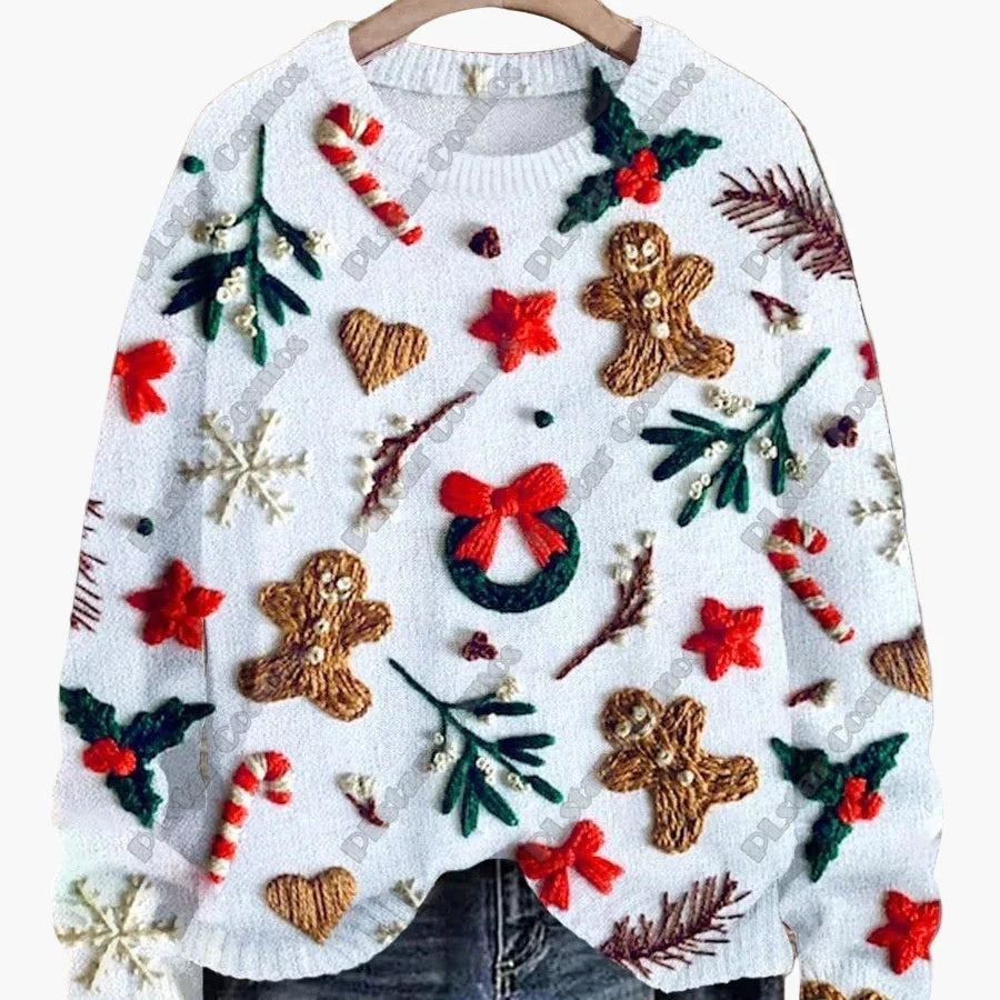 Damtröja julig mönster stickad med broderade motiv – perfekt för vinter och fest