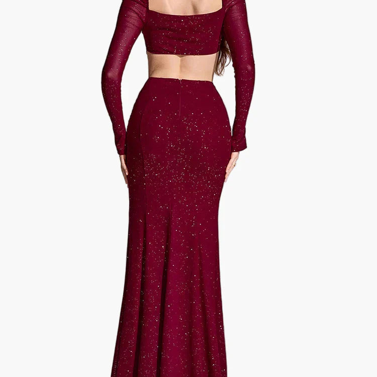 Damklänning med lång ärm och hög slits – Elegant fest- och kvällsklänning