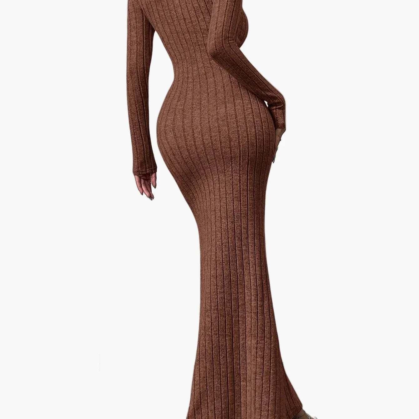 Damers stickad långärmad bodycon maxiklänning – elegant vardagsklänning