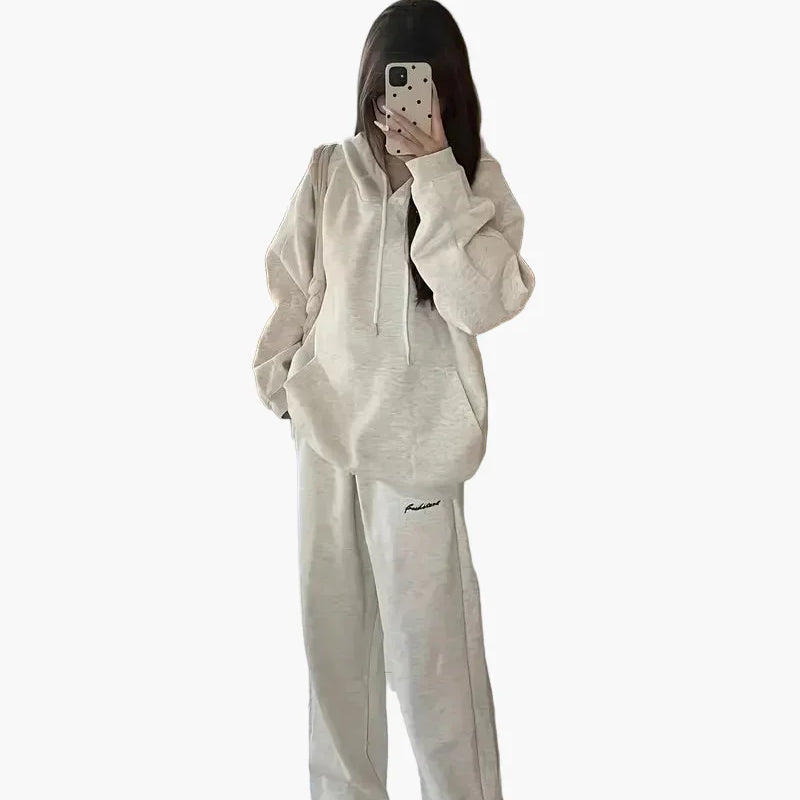 Damset Hoodie och Raka Byxor Avslappnad Vardagsstil