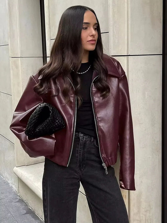 Women’s Cropped Zip-Up Jacket - Oversized Collar Street Style
