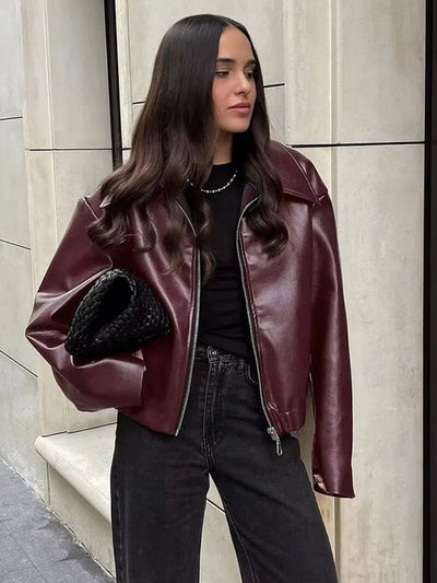 Women’s Cropped Zip-Up Jacket - Oversized Collar Street Style