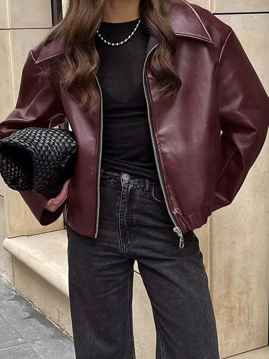 Women’s Cropped Zip-Up Jacket - Oversized Collar Street Style