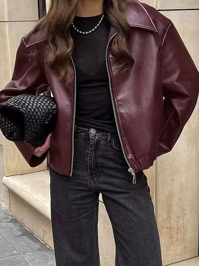 Women’s Cropped Zip-Up Jacket - Oversized Collar Street Style