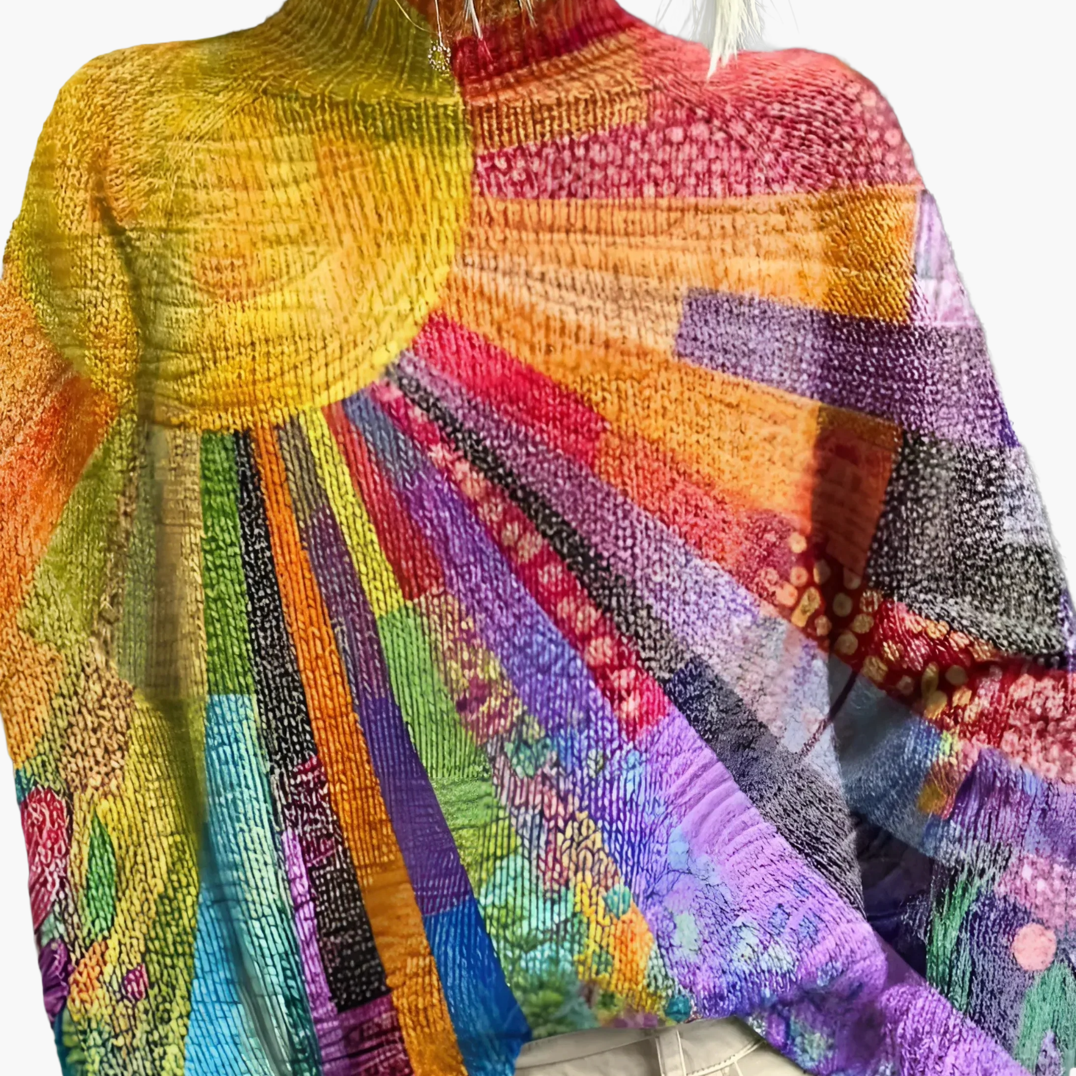 Damtröja med konstnärligt färgsprakande mönster och hög krage – Modern och unik statement-topp