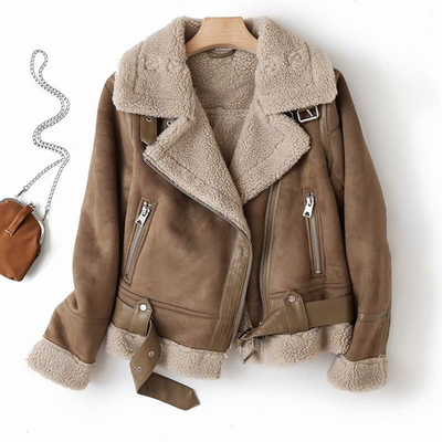 Women’s Faux Shearling Biker Jacket - Zipper Detail Belted Hem