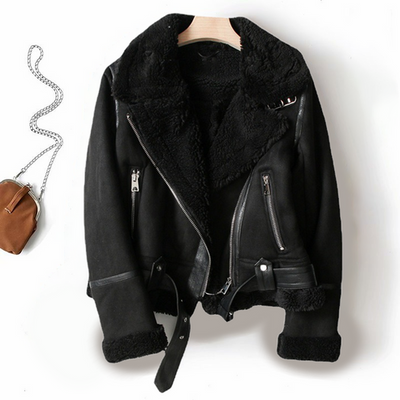 Women’s Faux Shearling Biker Jacket - Zipper Detail Belted Hem