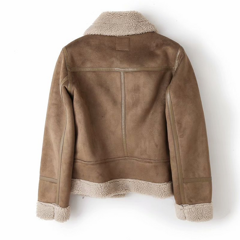 Women’s Faux Shearling Biker Jacket - Zipper Detail Belted Hem