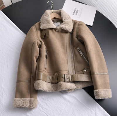 Women’s Faux Shearling Biker Jacket - Zipper Detail Belted Hem
