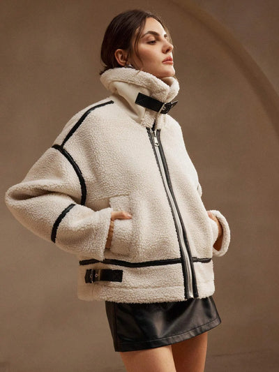 Woman's Faux Shearling Aviator Jacket - Winter Teddy Zip-Up