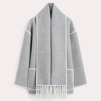 Women’s Contrast Trim Scarfed Wool Coat - Fringed Pocket Detail Outerwear