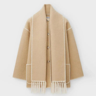 Women’s Contrast Trim Scarfed Wool Coat - Fringed Pocket Detail Outerwear