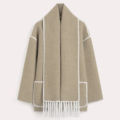 Women’s Contrast Trim Scarfed Wool Coat - Fringed Pocket Detail Outerwear