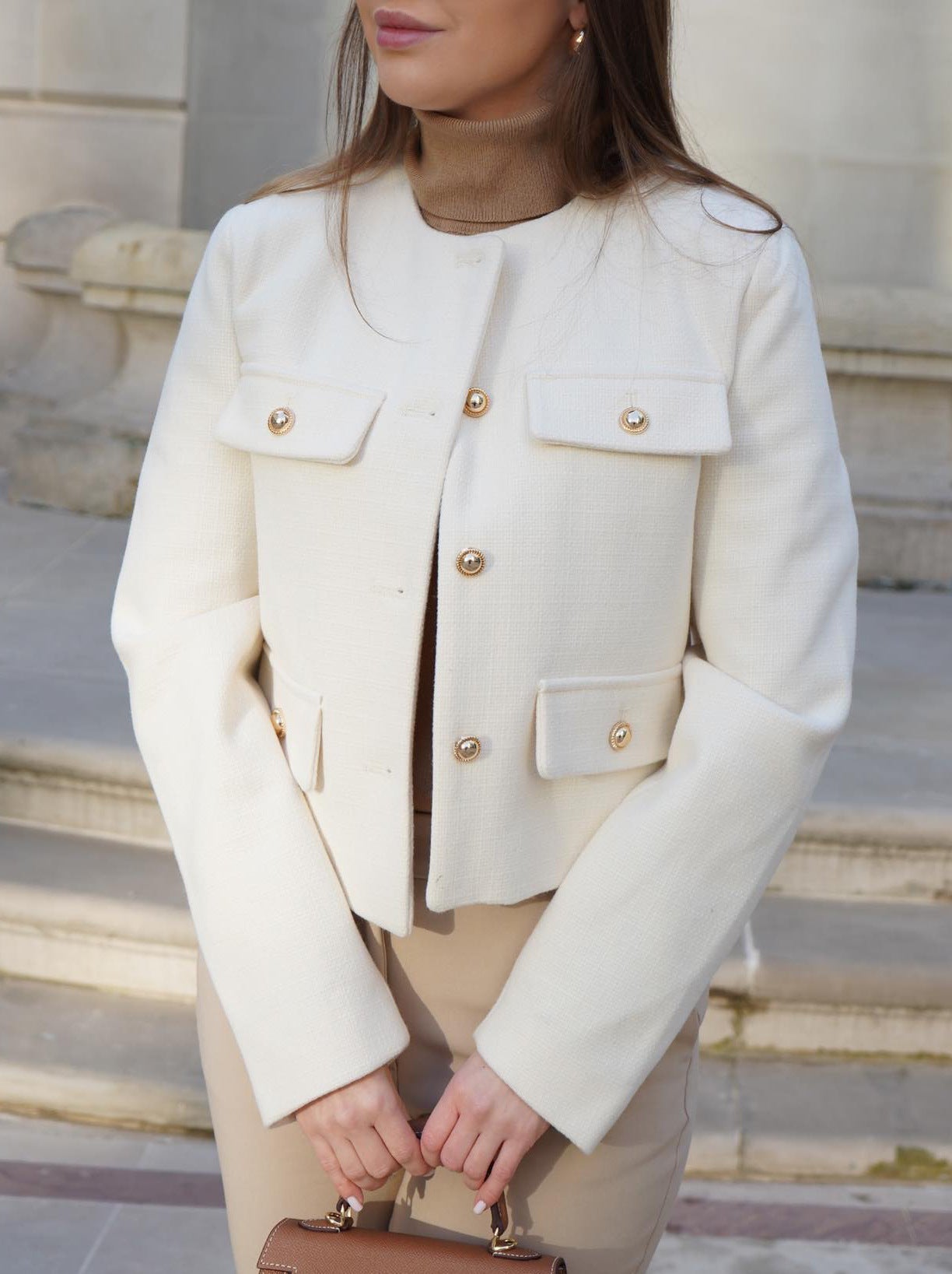 Women’s Cropped Wool Jacket - Button Pocket Detail Blazer