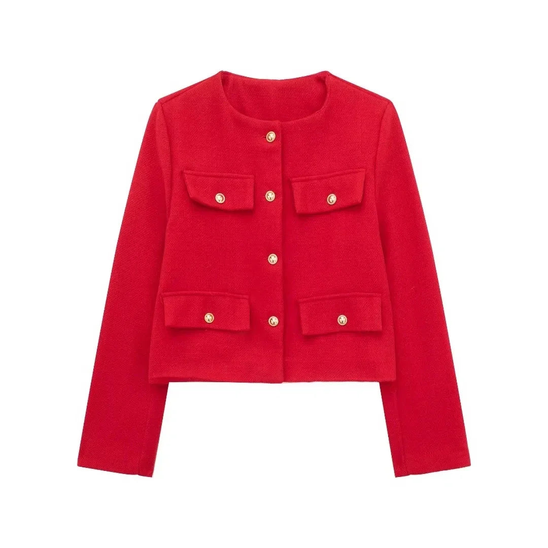 Women’s Cropped Wool Jacket - Button Pocket Detail Blazer