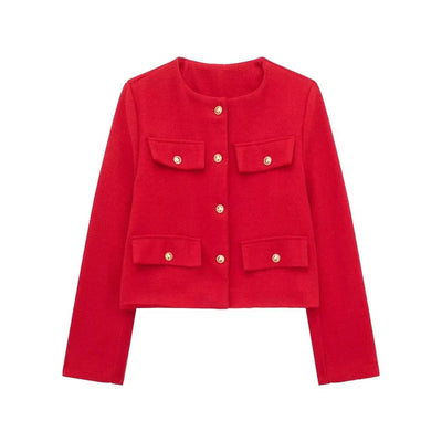 Women’s Cropped Wool Jacket - Button Pocket Detail Blazer