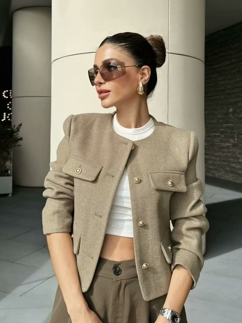 Women’s Cropped Wool Jacket - Button Pocket Detail Blazer