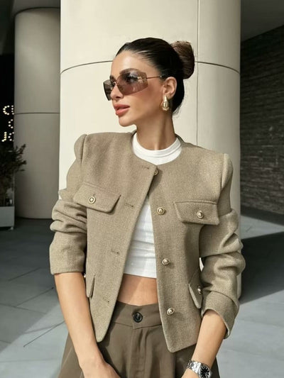 Women’s Cropped Wool Jacket - Button Pocket Detail Blazer