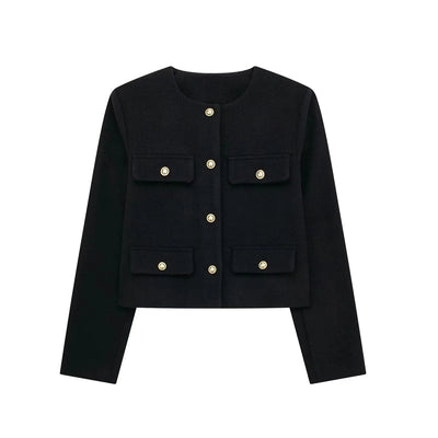 Women’s Cropped Wool Jacket - Button Pocket Detail Blazer