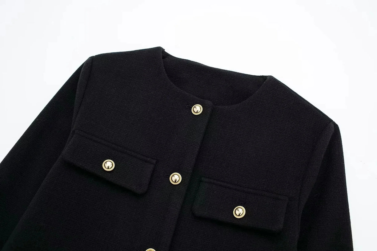 Women’s Cropped Wool Jacket - Button Pocket Detail Blazer