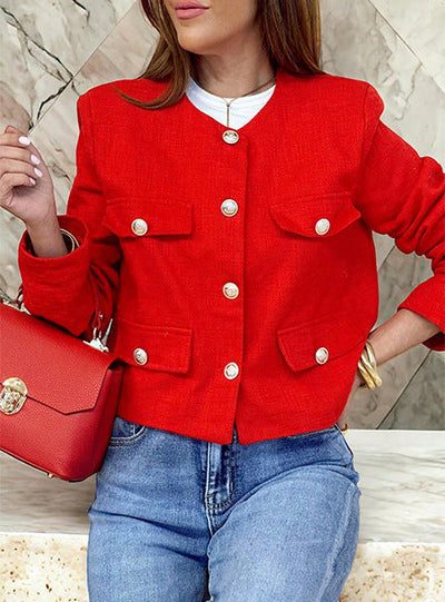 Women’s Cropped Wool Jacket - Button Pocket Detail Blazer