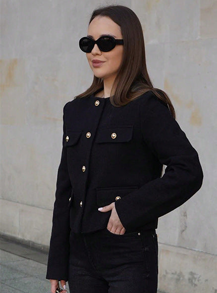 Women’s Cropped Wool Jacket - Button Pocket Detail Blazer