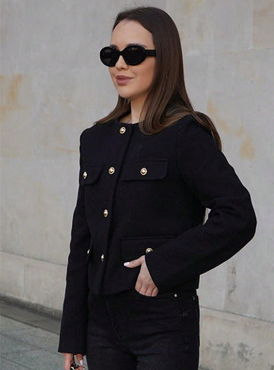Women’s Cropped Wool Jacket - Button Pocket Detail Blazer