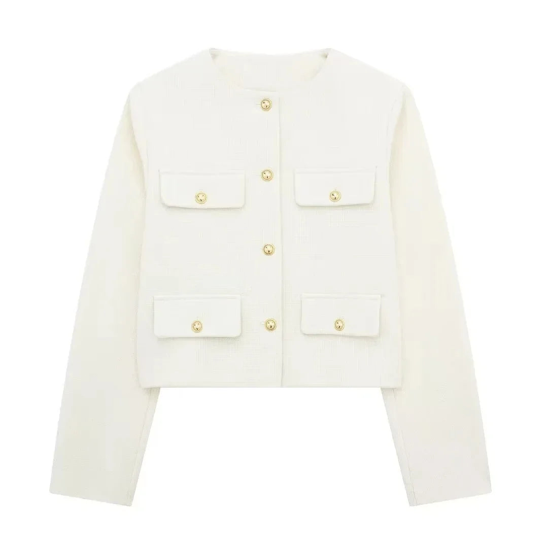 Women’s Cropped Wool Jacket - Button Pocket Detail Blazer