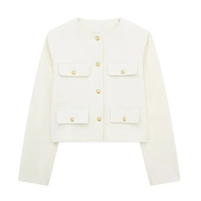 Women’s Cropped Wool Jacket - Button Pocket Detail Blazer