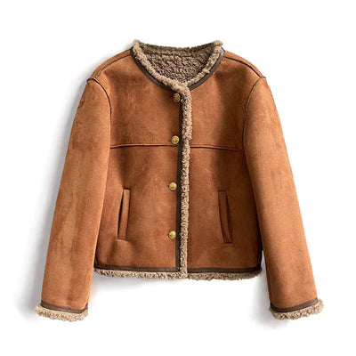Women’s Faux Shearling Lined Suede Jacket - Short Cozy Buttoned Outerwear