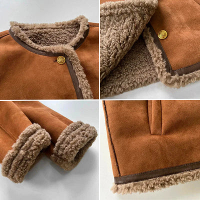 Women’s Faux Shearling Lined Suede Jacket - Short Cozy Buttoned Outerwear