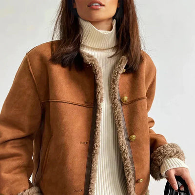Women’s Faux Shearling Lined Suede Jacket - Short Cozy Buttoned Outerwear
