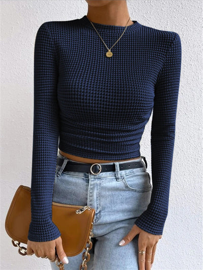 Women’s Textured Long Sleeve Fitted Top - Waffle Knit Stretch Pullover