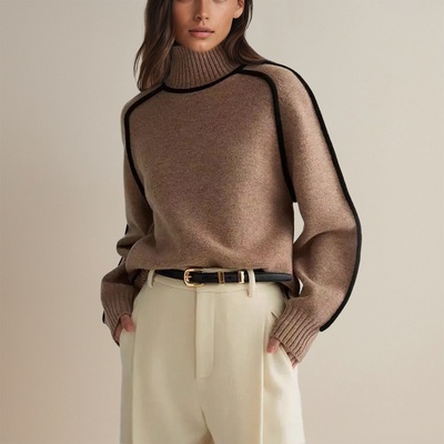 Women’s Turtleneck Knit Sweater - Contrast Trim Batwing Sleeve Pullover