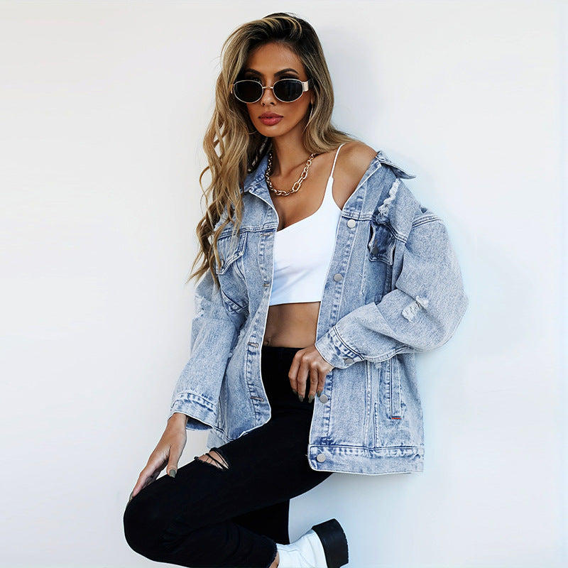 Spencer – Fashion Denim Jacket Boyfriend-stil med Rivningar