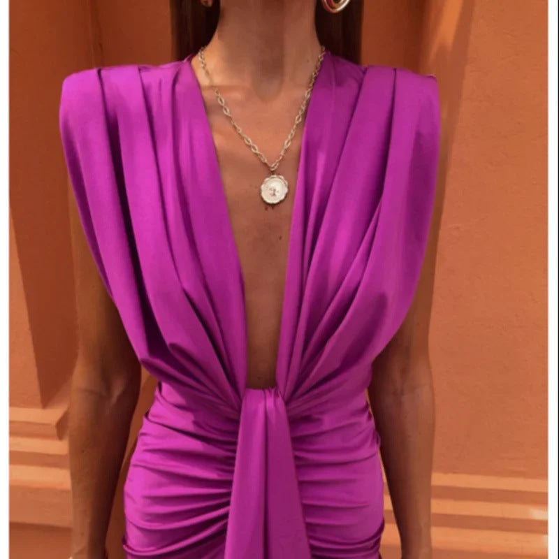 Dam Klänning Elegant Djup V-ringning Plisserad Fest- och Sommarklänning