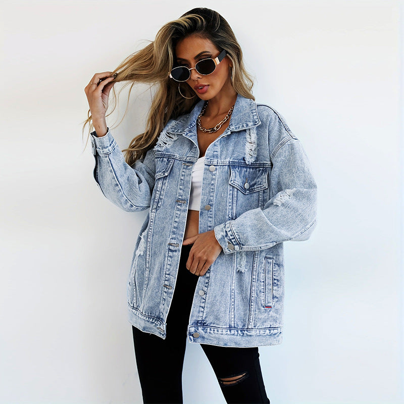 Spencer – Fashion Denim Jacket Boyfriend-stil med Rivningar