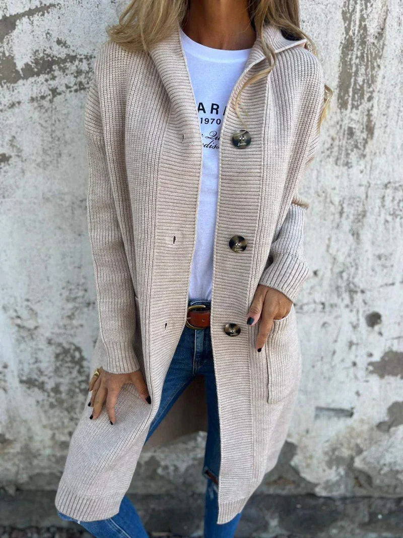 Women’s Longline Ribbed Knit Cardigan – Front Buttons & Pockets