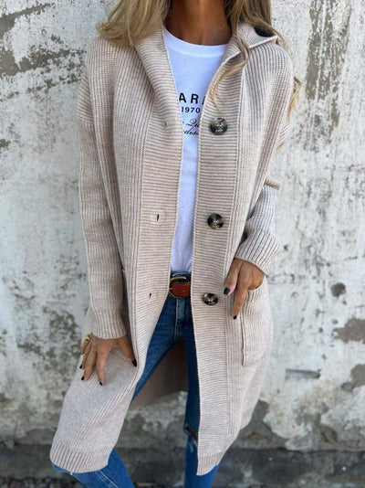 Women’s Longline Ribbed Knit Cardigan – Front Buttons & Pockets