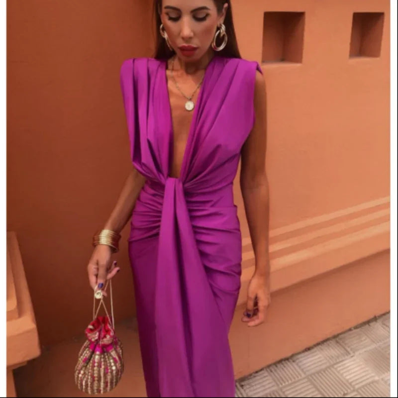 Dam Klänning Elegant Djup V-ringning Plisserad Fest- och Sommarklänning