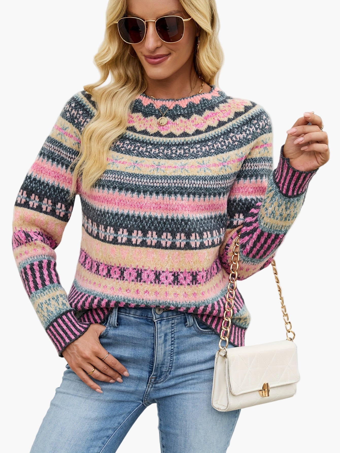 Dam Tröja Elegant Mönstrad Stickad Pullover för Höst och Vinter