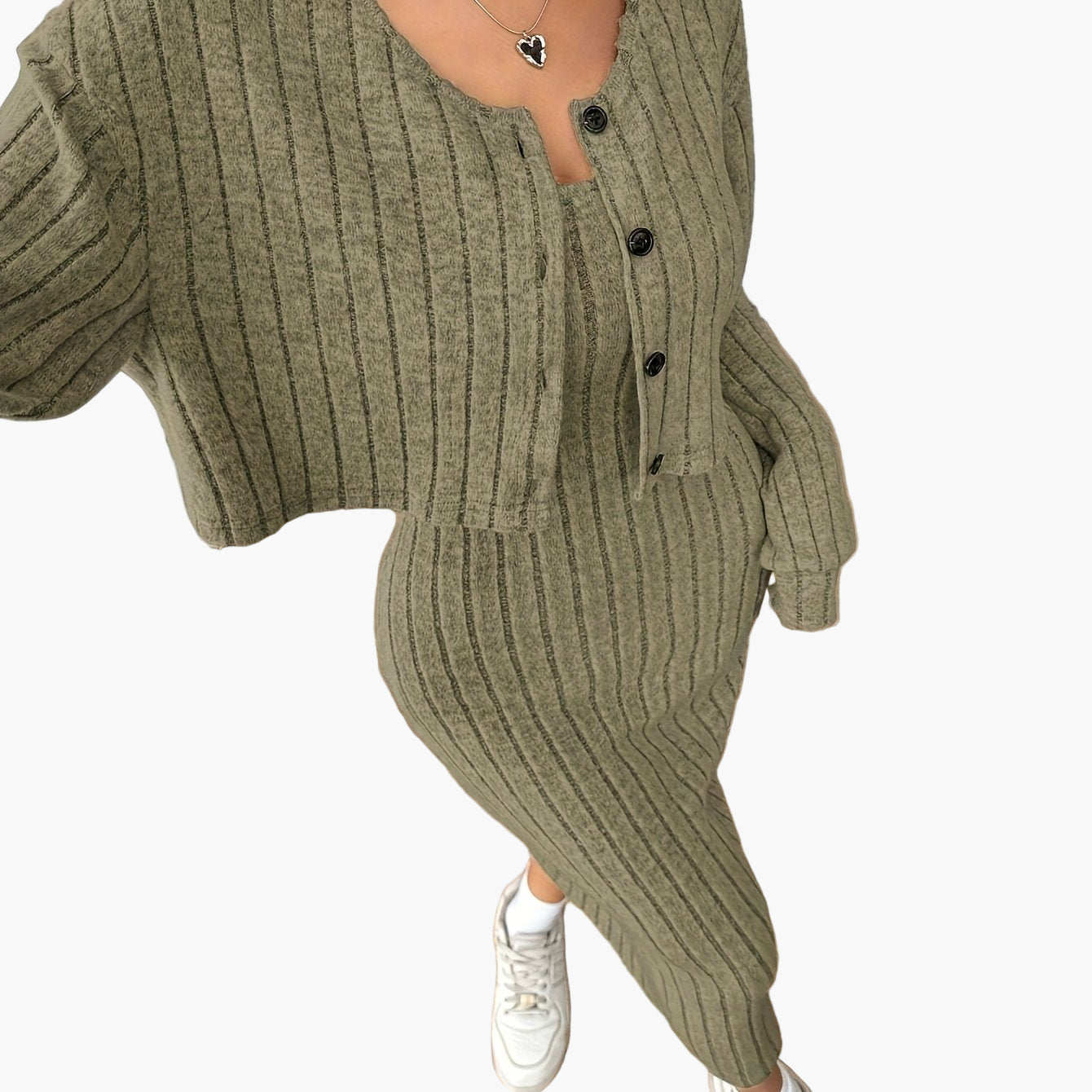 Dam Set med Kjol och Kofta – Elegant Ribbad Stickad Outfit för Vardag och Fritid