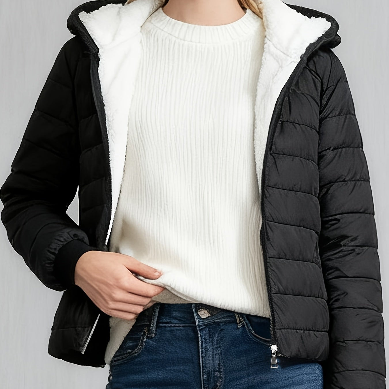 Damjacka Vadderad Kort Elegant Vinterjacka med Huva
