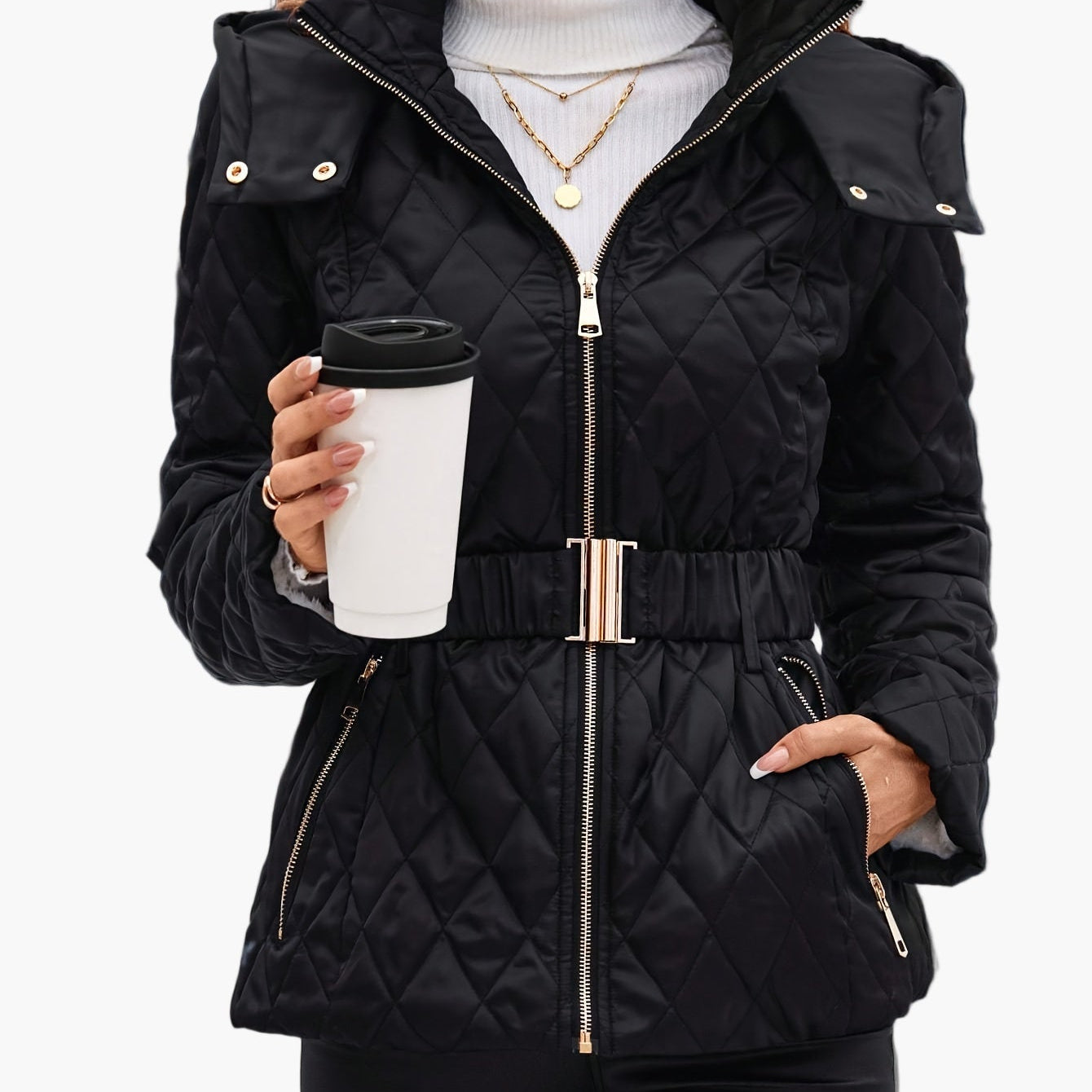 Dam Jacka Elegant Quiltad Midilängd med Bälte och Dragkedja – Perfekt för Vardag och Kontor